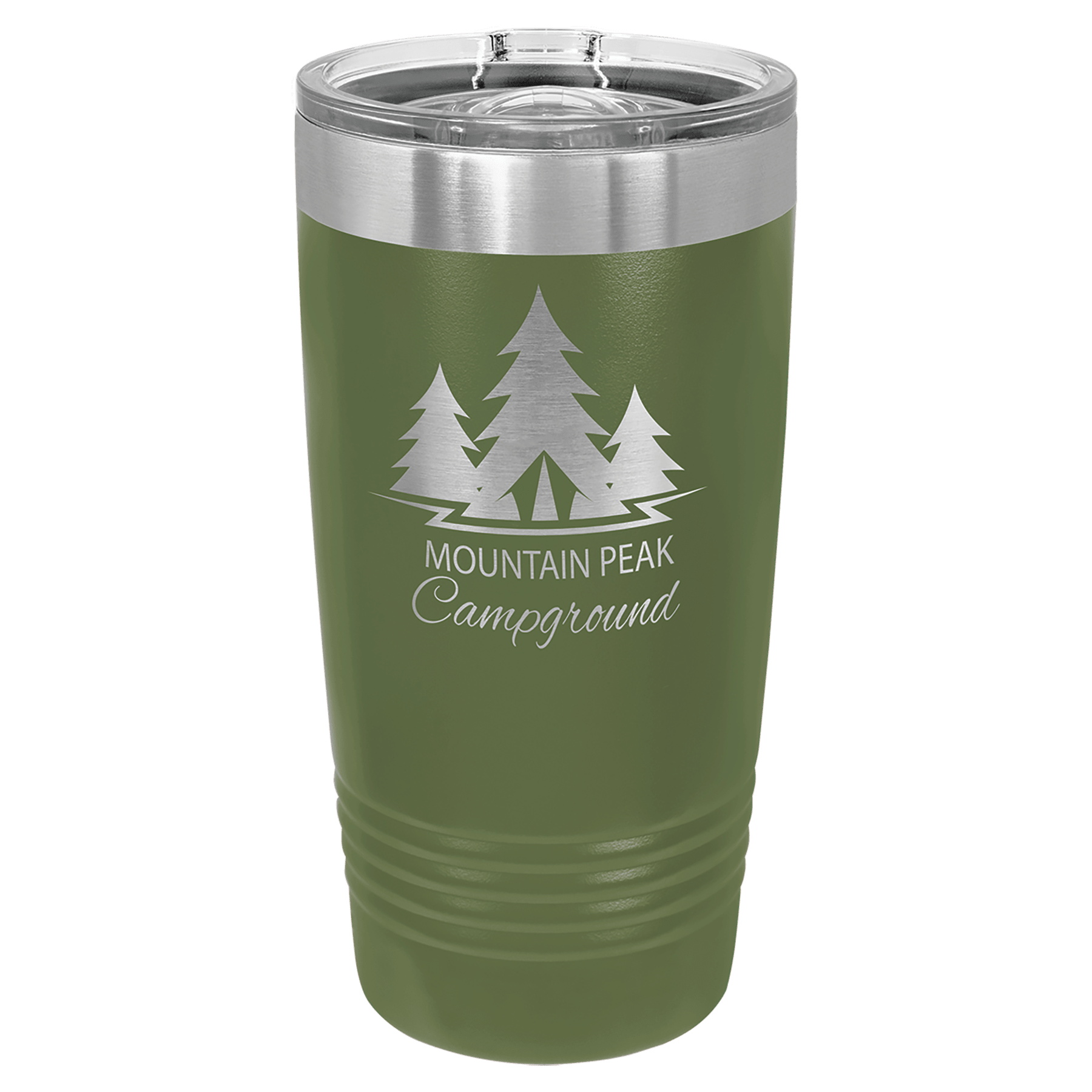 Close-up of a personalized 20oz vacuum insulated Polar Camel tumbler with custom laser engraving